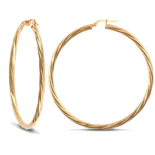 Ladies 9ct Gold  Twisted 3mm Hoop Earrings 55mm - JER200