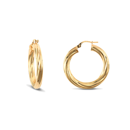 Ladies 9ct Gold  Twisted 4mm Hoop Earrings 27mm - JER202