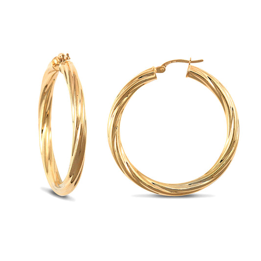 Ladies 9ct Gold  Twisted 4mm Hoop Earrings 37mm - JER204