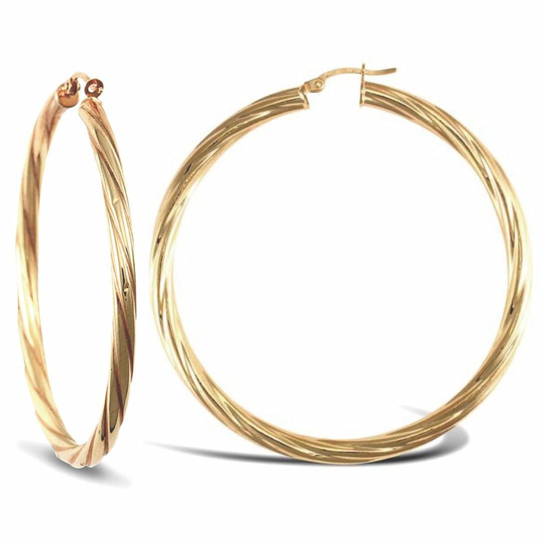 Ladies 9ct Gold  Twisted 4mm Hoop Earrings 57mm - JER206