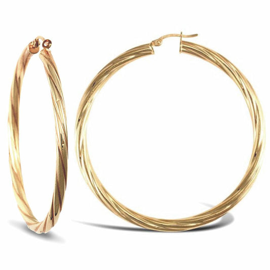 Ladies 9ct Gold  Twisted 4mm Hoop Earrings 57mm - JER206