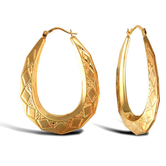 Ladies 9ct Gold  Pear Shape Diamond Pattern Creole Earrings - JER277