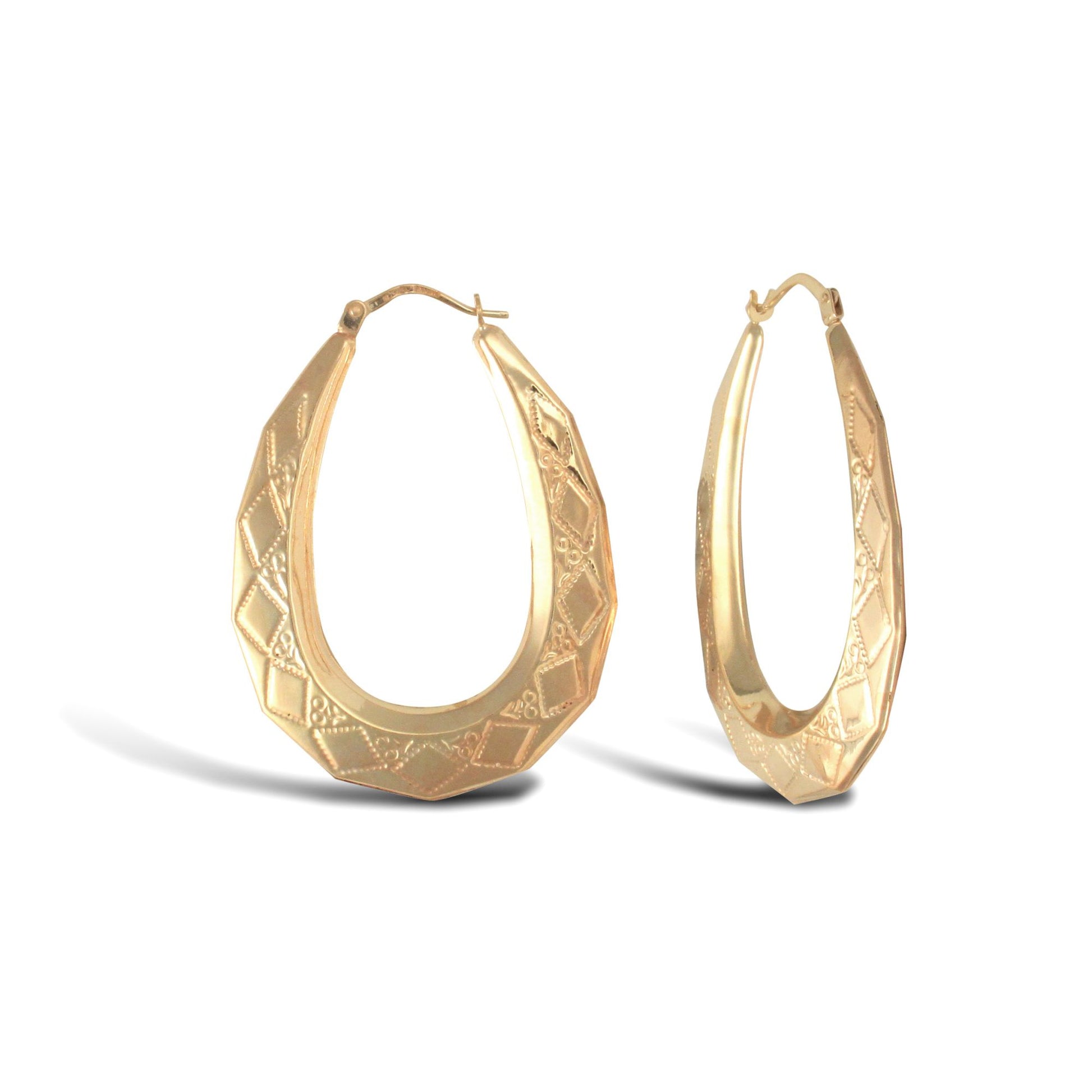 Ladies 9ct Gold  Pear Shape Diamond Pattern Creole Earrings - JER277