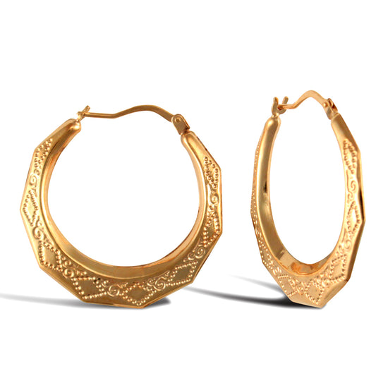Ladies 9ct Gold  Diamond Pattern Creole Earrings 29mm - JER288