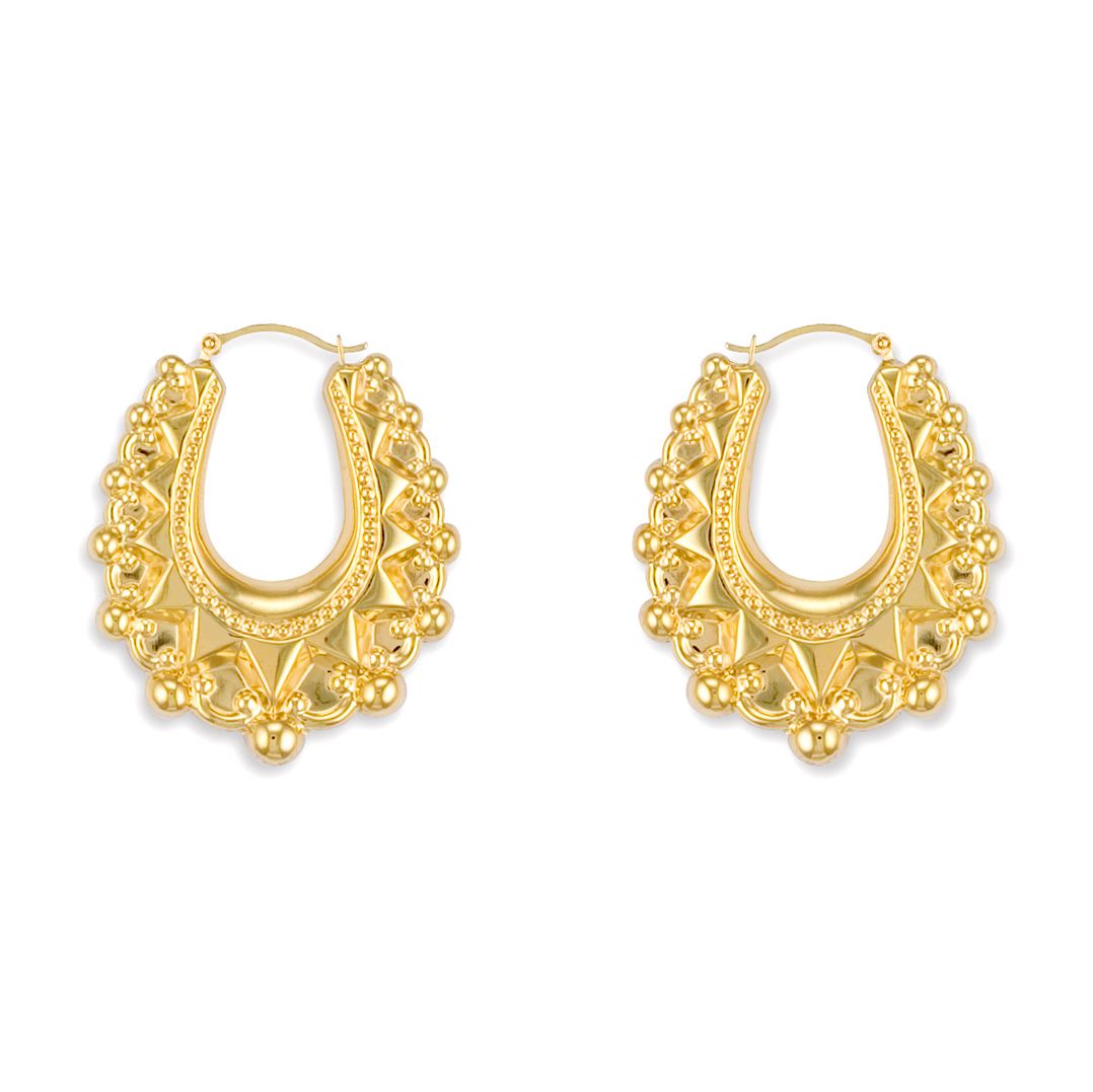 9ct Gold  pear-shaped Spiked & beaded Creole Earrings - JER306