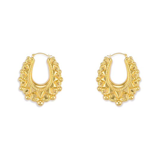 Gold-plated Silver  Oval Pear Spikey Bead Creole Earrings 24mm - AER178A-GP