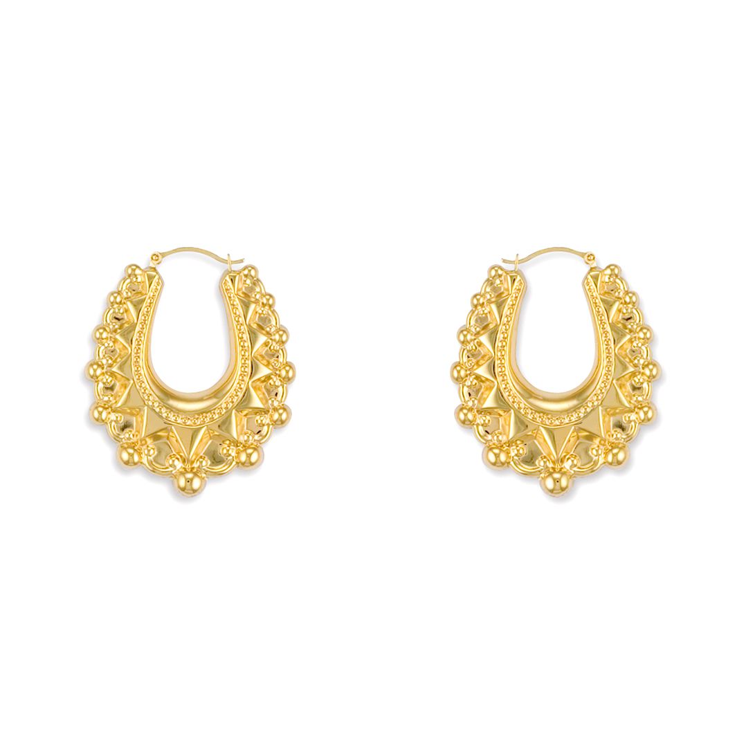 Ladies 9ct Gold  Oval Pear Spikey Creole Earrings, 29x24mm - JER306A