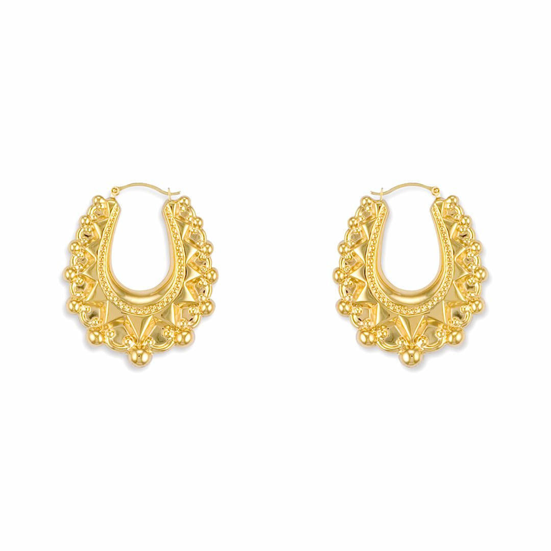 Gold-plated Silver  Oval Pear Spikey Bead Creole Earrings 24mm - AER178A-GP