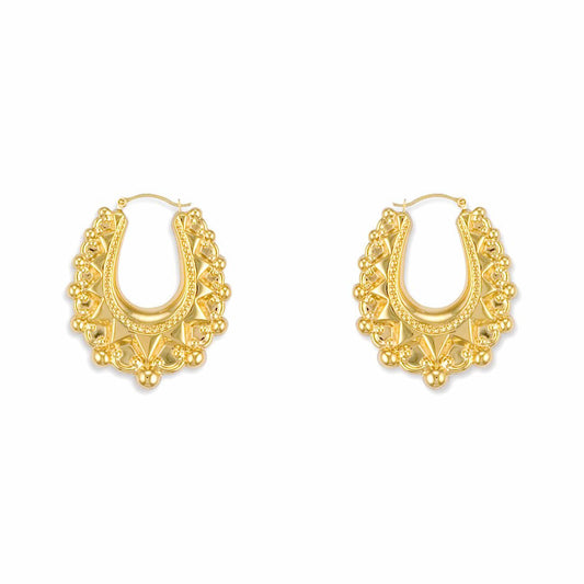 Gold-plated Silver  Oval Pear Spikey Bead Creole Earrings 24mm - AER178A-GP