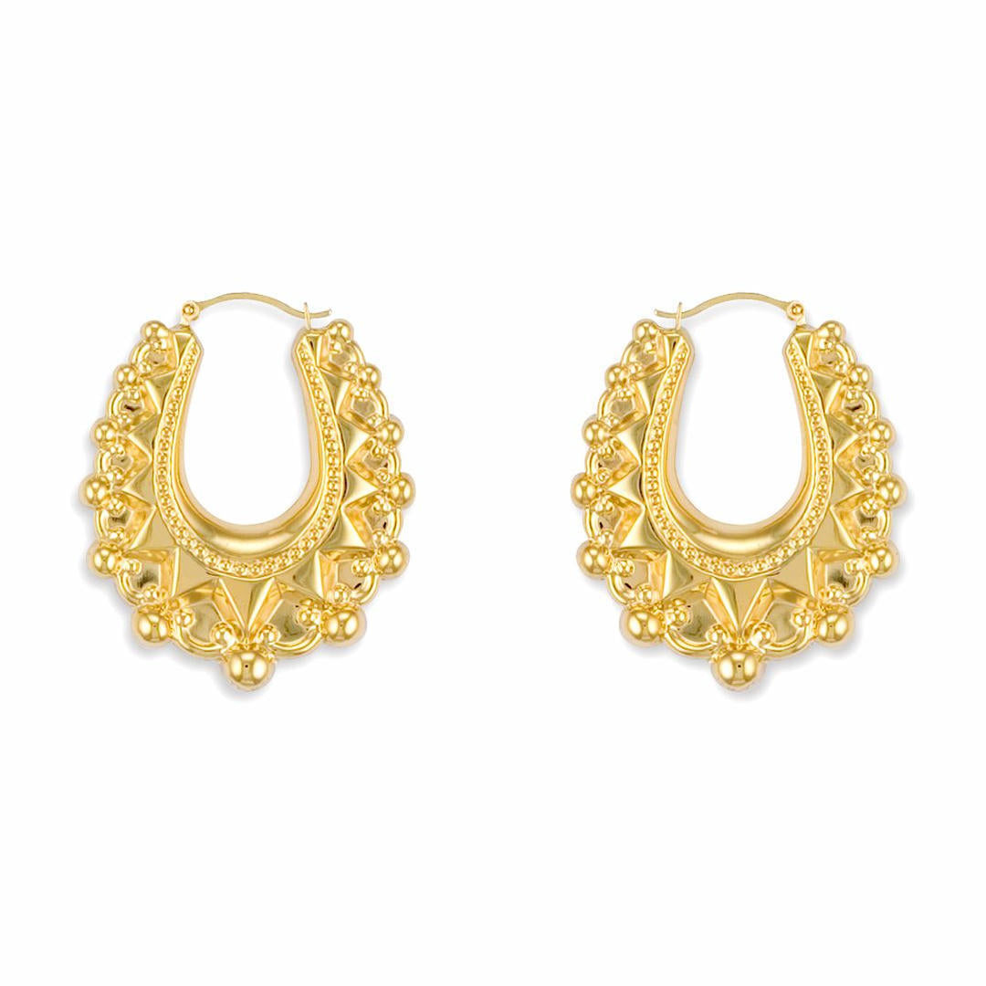 Gold-plated Silver  Oval Pear Spikey Bead Creole Earrings 31mm - AER178B-GP