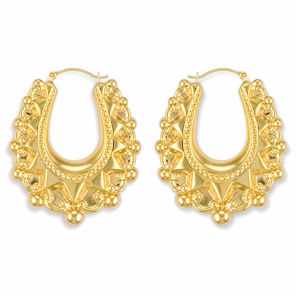 Gold-plated Silver  Oval Pear Spikey Bead Creole Earrings 41mm - AER178C-GP