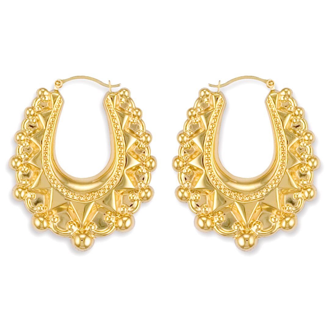 Ladies 9ct Gold  Oval Pear Spikey Bead Creole Earrings 41mm - JER308