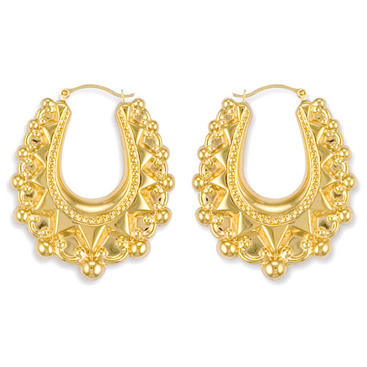 Ladies 9ct Gold  Oval Pear Spikey Bead Creole Earrings 41mm - JER308