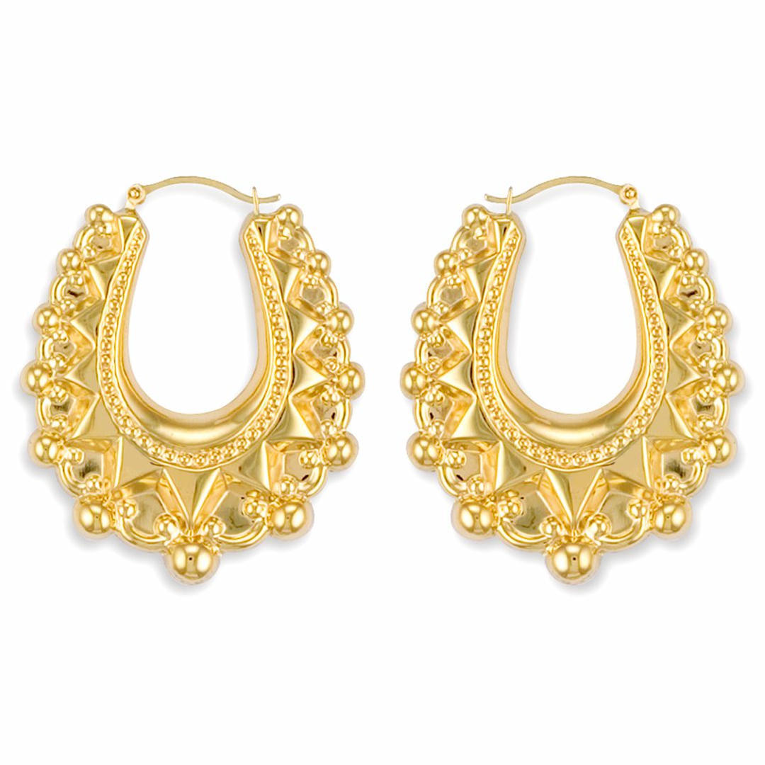 Gold-plated Silver  Oval Pear Spikey Bead Creole Earrings 41mm - AER178C-GP