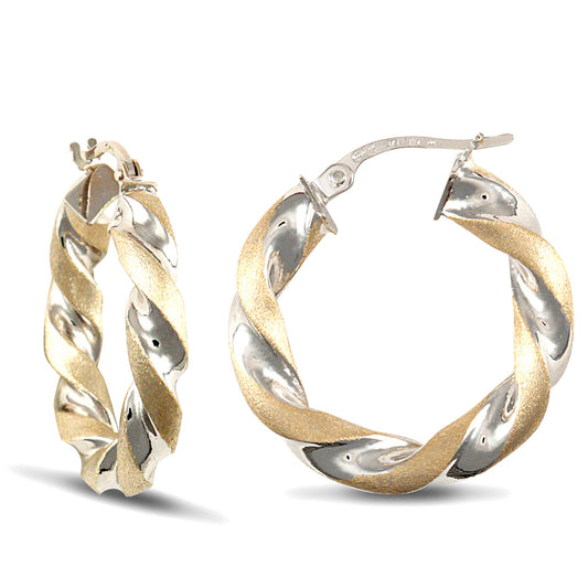 9ct 2-Colour Gold  Frosted Twisted 4mm Hoop Earrings 23mm - JER438B