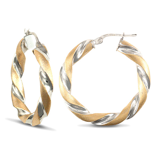 9ct 2-Colour Gold  Frosted Twisted 4mm Hoop Earrings 28mm - JER438C