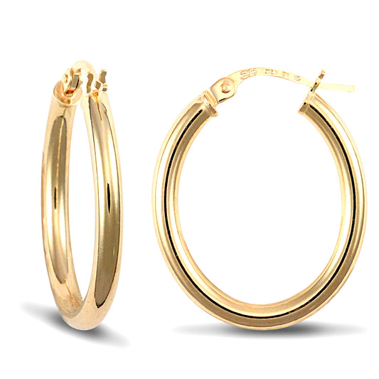 Ladies 9ct Gold  Polished Oval 3mm Hoop Earrings - JER440A