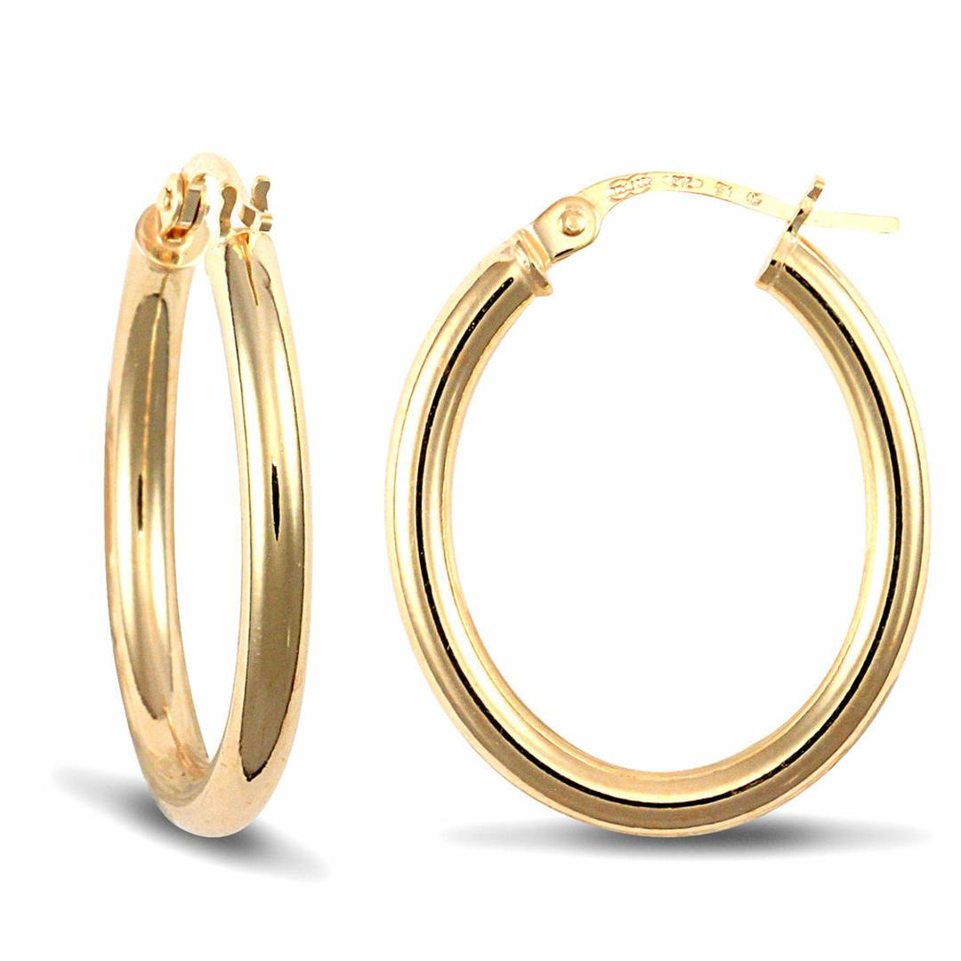 Ladies 9ct Gold  Polished Oval 3mm Hoop Earrings - JER440A