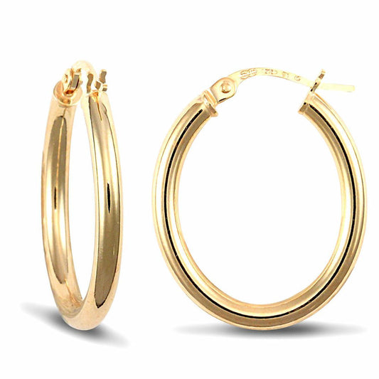 Ladies 9ct Gold  Polished Oval 3mm Hoop Earrings - JER440A