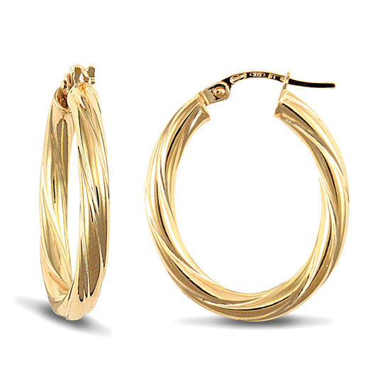 Ladies 9ct Gold  Twisted Oval 3mm Hoop Earrings - JER443