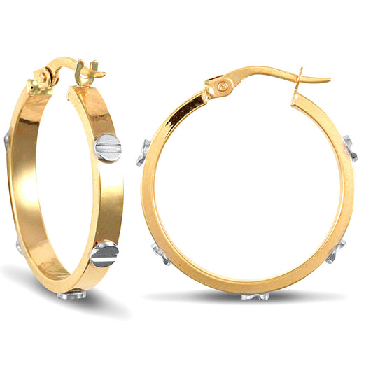 9ct 2-Colour Gold  Rectangular Tube Screw Hoop Earrings - 25mm - JER445C