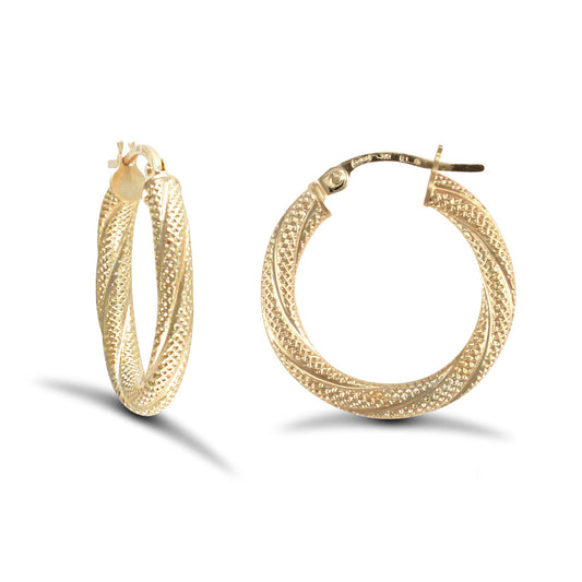 Ladies 9ct Gold  Snake Skin Twisted 3mm Hoop Earrings 20mm - JER457B