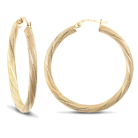 Ladies 9ct Gold  Snake Skin Twisted 3mm Hoop Earrings 35mm - JER457E