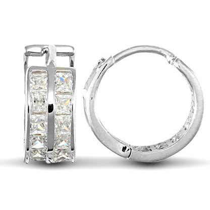 9ct White Gold  CZ 2 Row Eternity 5mm Huggie Hoop Earrings 12mm - JER524