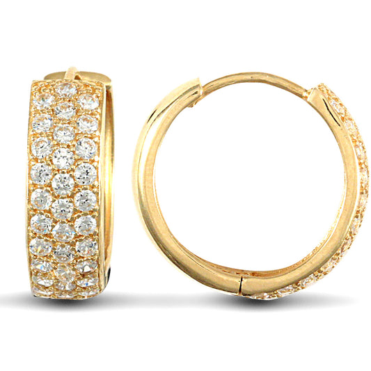 9ct Gold  CZ 3 Row Pave 5.3mm Huggie Hoop Earrings 16mm - JER525