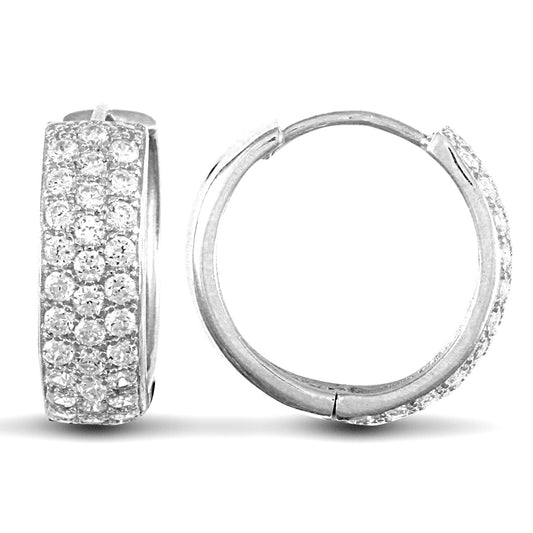 9ct White Gold  CZ 3 Row Pave 5.3mm Huggie Hoop Earrings 16mm - JER526