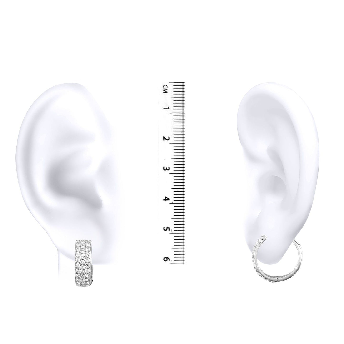 9ct White Gold  CZ 3 Row Pave 5.3mm Huggie Hoop Earrings 16mm - JER526