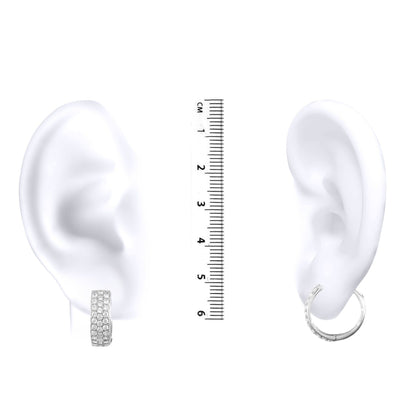 9ct White Gold  CZ 3 Row Pave 5.3mm Huggie Hoop Earrings 16mm - JER526