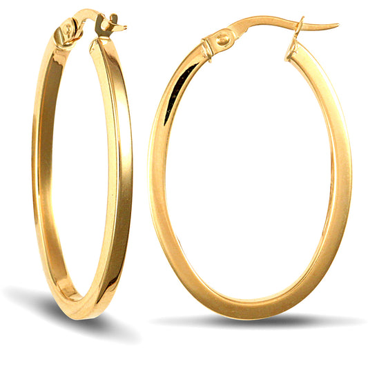 Ladies 9ct Gold  Square Tube Oval 2mm Hoop Earrings - JER549