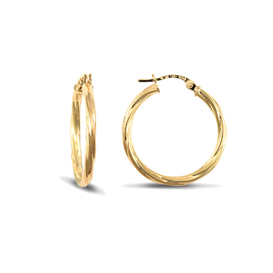 Ladies 9ct Gold  Twisted 2.5mm Hoop Earrings 25mm - JER560C