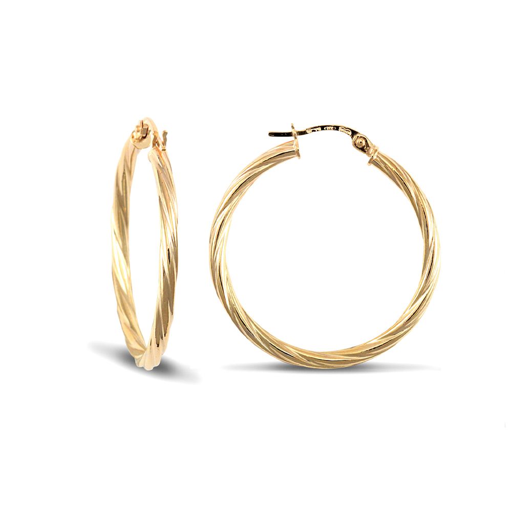 Ladies 9ct Gold  Twisted 2.5mm Hoop Earrings 30mm - JER560D