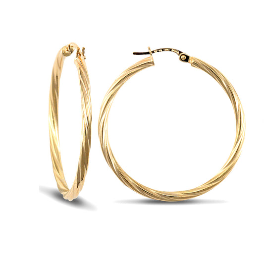 Ladies 9ct Gold  Twisted 2.5mm Hoop Earrings 34mm - JER560E