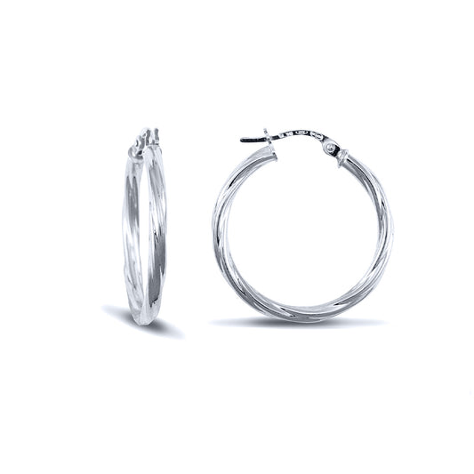 Ladies 9ct White Gold  Twisted 2.5mm Hoop Earrings 25mm - JER561C