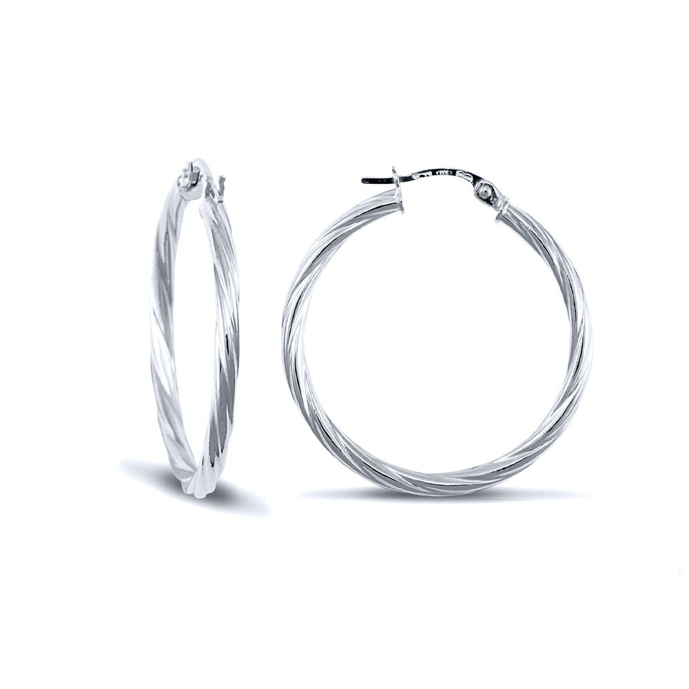Ladies 9ct White Gold  Twisted 2.5mm Hoop Earrings 30mm - JER561D