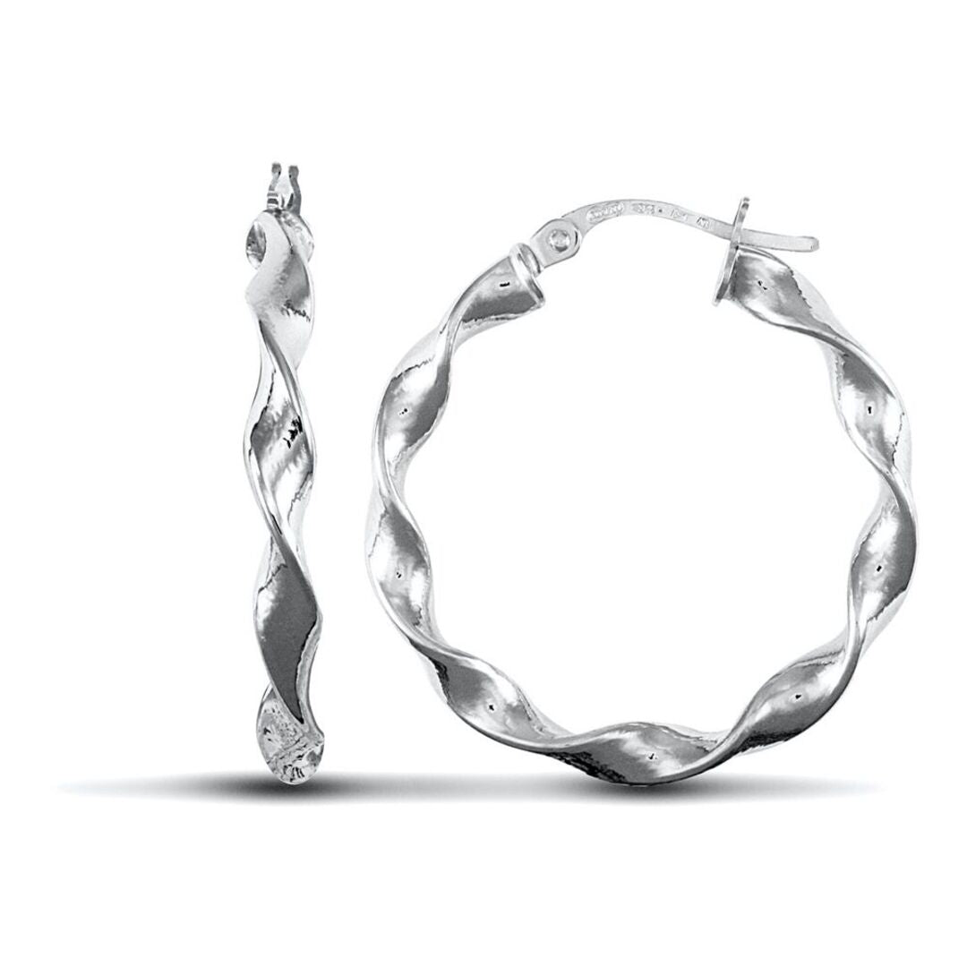 Ladies 9ct White Gold  Candy Twist 3mm Hoop Earrings 25mm - JER578C