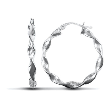Ladies 9ct White Gold  Candy Twist 3mm Hoop Earrings 25mm - JER578C