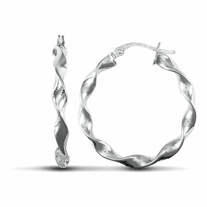 Ladies 9ct White Gold  Candy Twist 3mm Hoop Earrings 25mm - JER578C