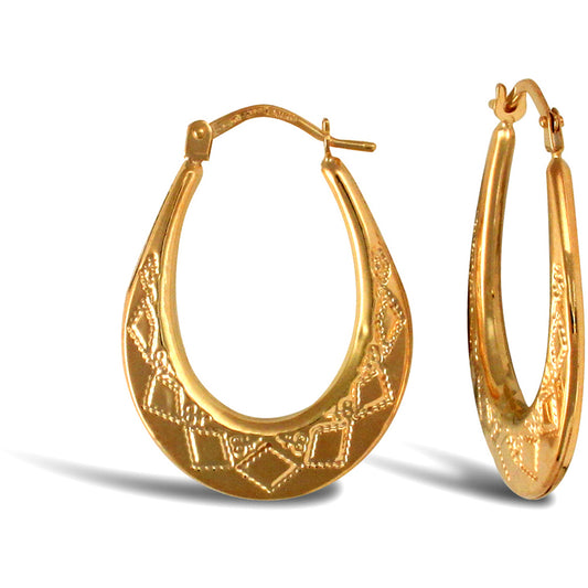 Ladies 9ct Gold  Pear Shape Diamond Pattern Creole Earrings - JER589
