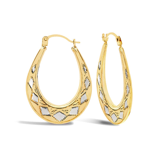 9ct 2-Colour Gold  Pear Shape Diamond Pattern Creole Earrings - JER590A