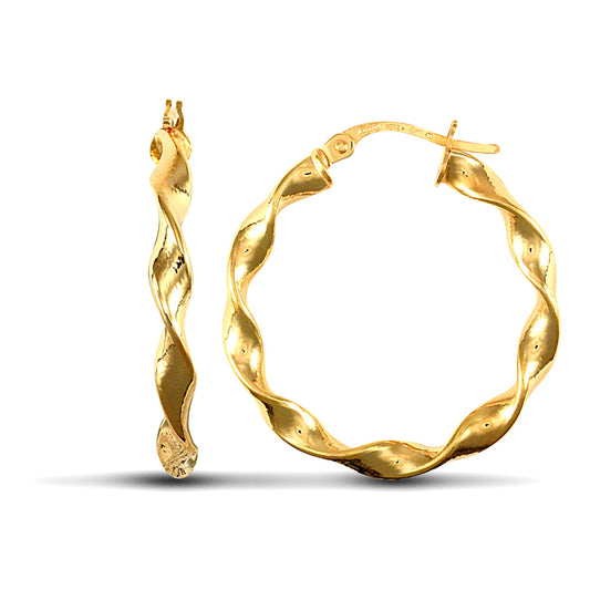 Ladies 9ct Gold  Candy Twist 3mm Hoop Earrings 25mm - JER606C