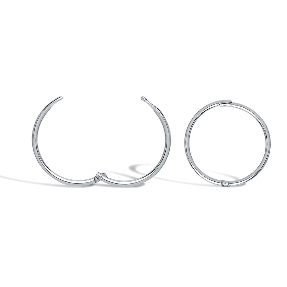 Solid 9ct White Gold  Hinged Sleeper 1mm Hoop Earrings 12mm - JER648A