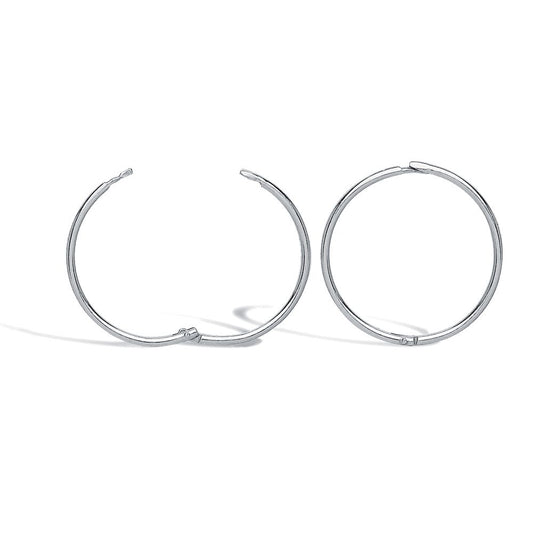 Solid 9ct White Gold  Hinged Sleeper 1mm Hoop Earrings 14mm - JER648B