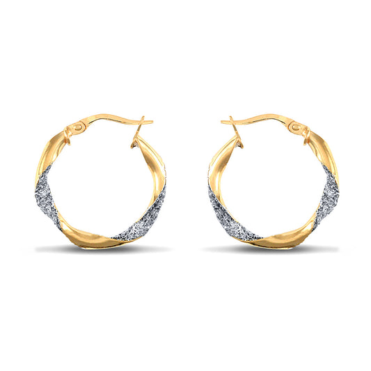 9ct 2-Colour Gold  Ice Glitter Twist 3mm Hoop Earrings 21mm - JER661A