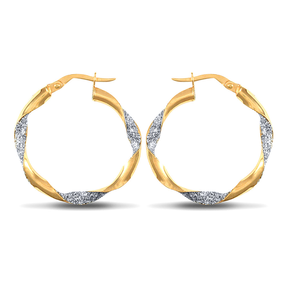 9ct 2-Colour Gold  Ice Glitter Twist 3mm Hoop Earrings 25mm - JER661B