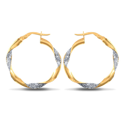 9ct 2-Colour Gold  Ice Glitter Twist 3mm Hoop Earrings 25mm - JER661B