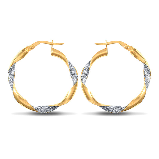 9ct 2-Colour Gold  Ice Glitter Twist 3mm Hoop Earrings 25mm - JER661B